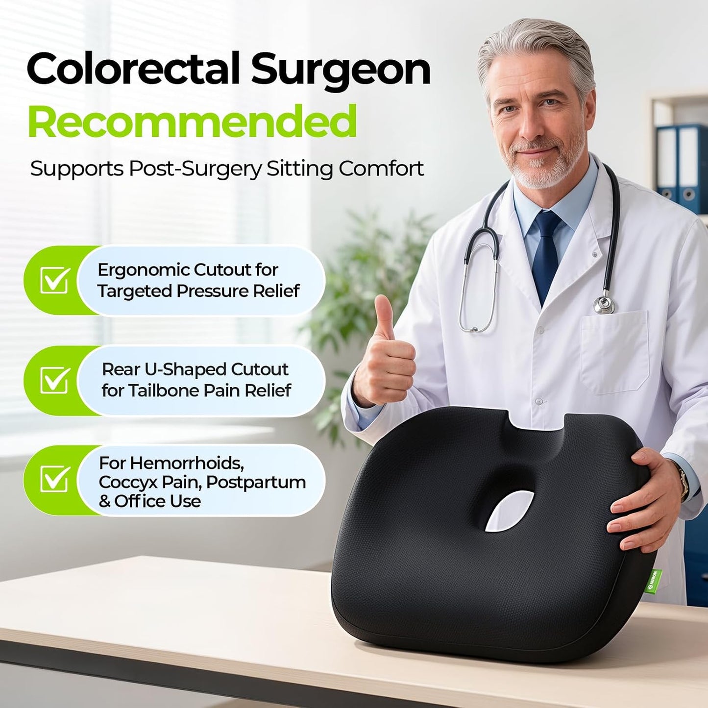 AUVON Innovative Donut Pillow Hemorrhoid Scientific Hole & Tailbone Cut | Orthopedic Pain Relief Donut Seat Cushion for Tailbone, Sciatica, Postpartum Pregnancy, After Surgery Sitting Relief