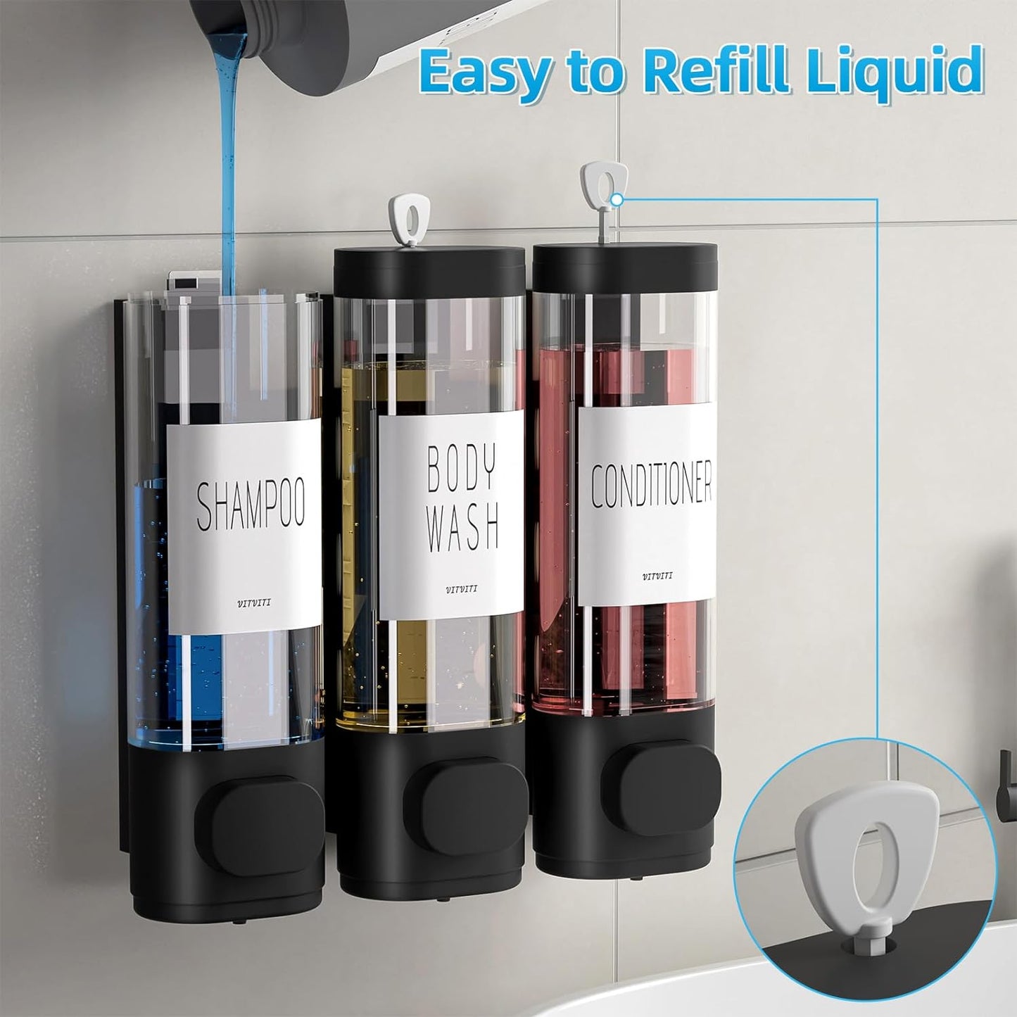 Shampoo and Conditioner Dispenser for Shower Wall Mount 3 Chamber, Black | Shower Soap Dispenser for Wall, 10.2 OZ Plastic Refillable Body Wash Bottles for Bathroom, No Drill Wall Mounted