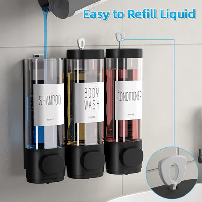 Shampoo and Conditioner Dispenser for Shower Wall Mount 3 Chamber, Black | Shower Soap Dispenser for Wall, 10.2 OZ Plastic Refillable Body Wash Bottles for Bathroom, No Drill Wall Mounted