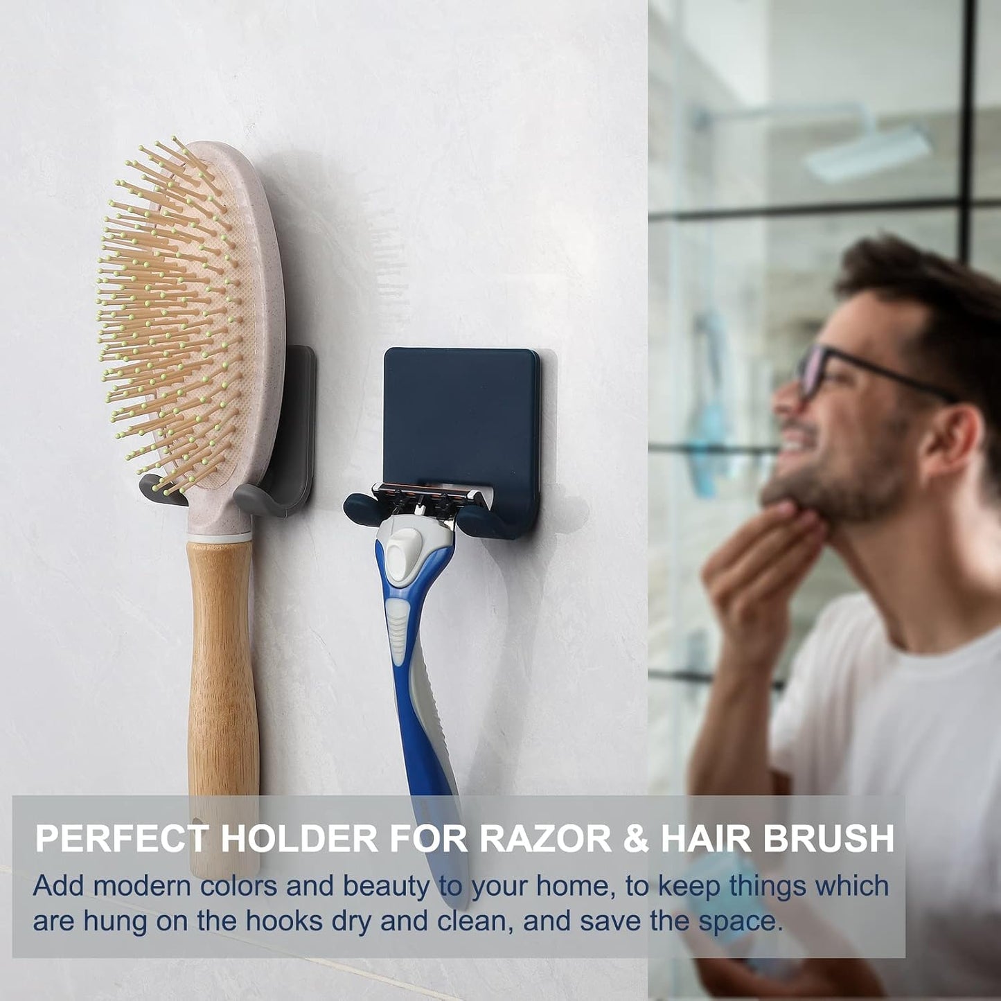 VANZAVANZU Razor Shaver Holder for Shower Wall Adhesive Hooks for Hanging, Bathroom Silicone Waterproof Shower Hooks Hair Brush Holder for Towel (2 Pack-White)
