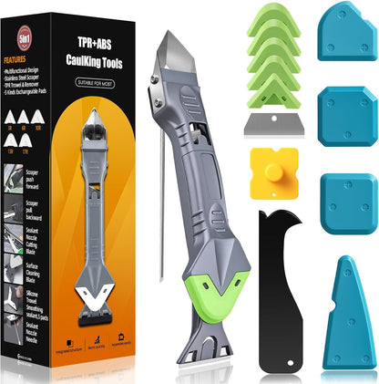 5 In 1 Caulking Tool Kit, Silicone Caulking Tool with Stainless Steel Head & Caulk Scraper, Sealant Finishing Tool with Multiple Angles, Caulk Remover Tool for Kitchen, Bathroom & Window Caulking