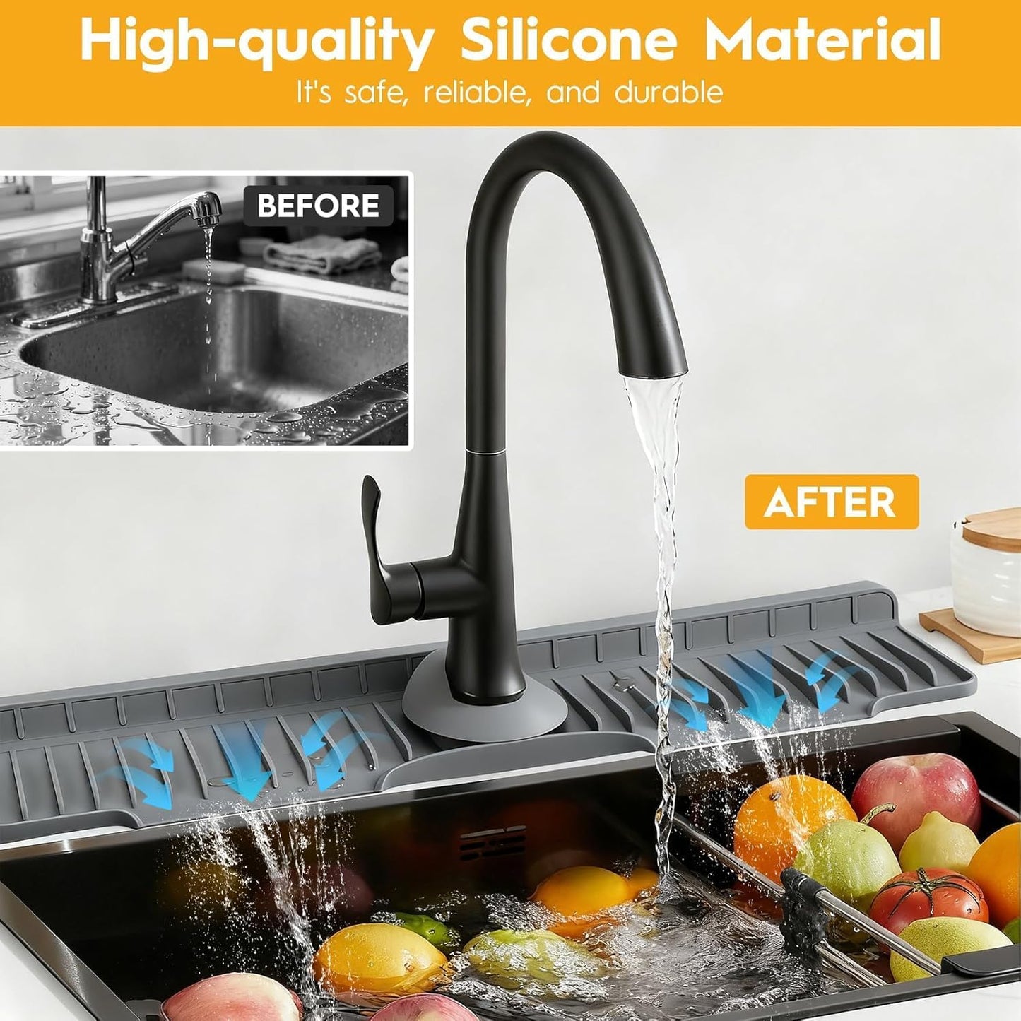 16" Silicone Faucet Mat for Kitchen Sink of The Lastest, Beige | 8° Slope Fast Self-draining, Kitchen Sink Water Splash Guard, Behind Faucet Draining Mat, for Bathroom Kitchen Sink Area