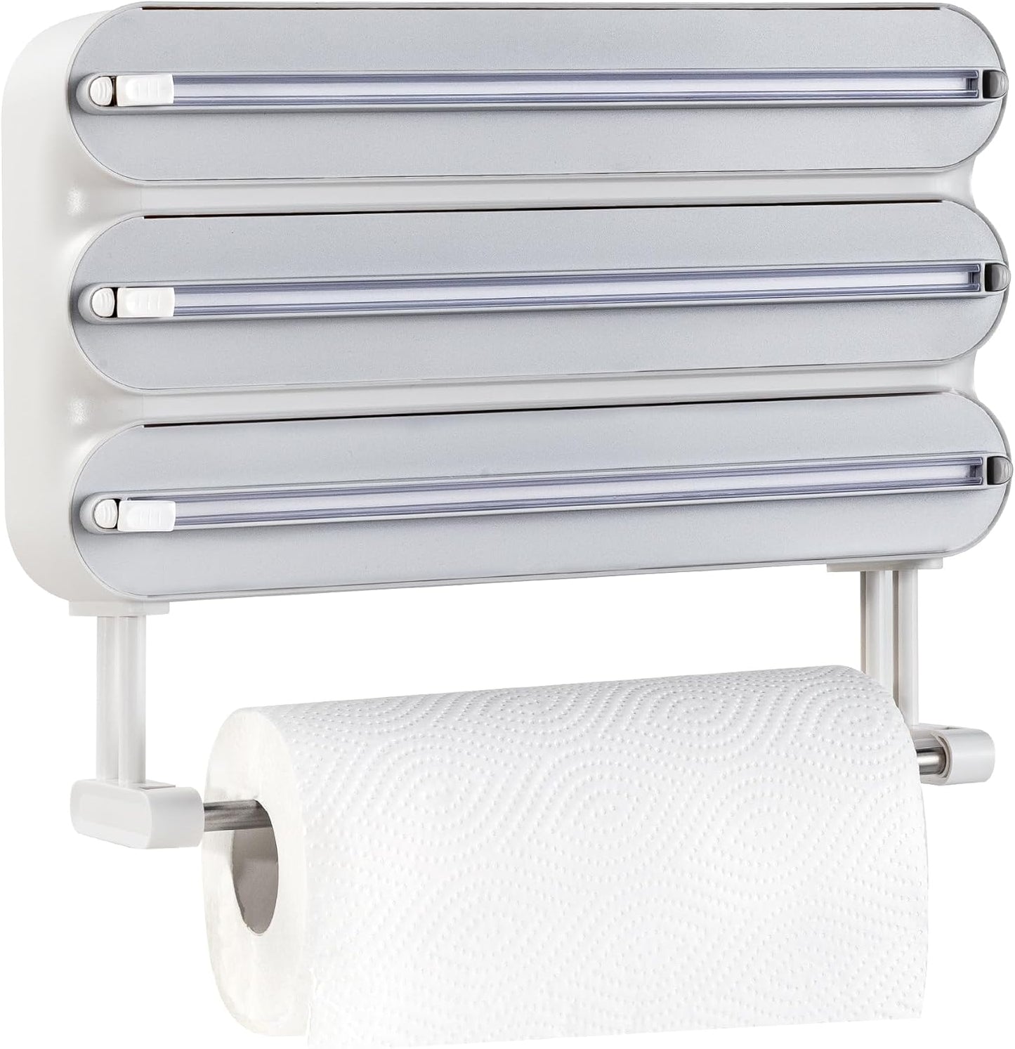 Aluminum Foil & Plastic Wrap Dispenser with Cutter - Magnetic & No-Drill Wall Mount, Cling Film Dispenser with Paper Towel Holder, Space-Saving 4-in-1 Kitchen Organizer - Fits 12" Roll, Black