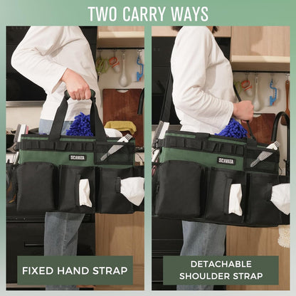 SCAVATA Wearable Cleaning Caddy Bag, Cleaning Caddy Supplies Organizer with Handle & Shoulder Straps for Housekeepers, Under Sink & Car Cleaning Tool Organizers with 4 Foldable Divider (Lake Blue)