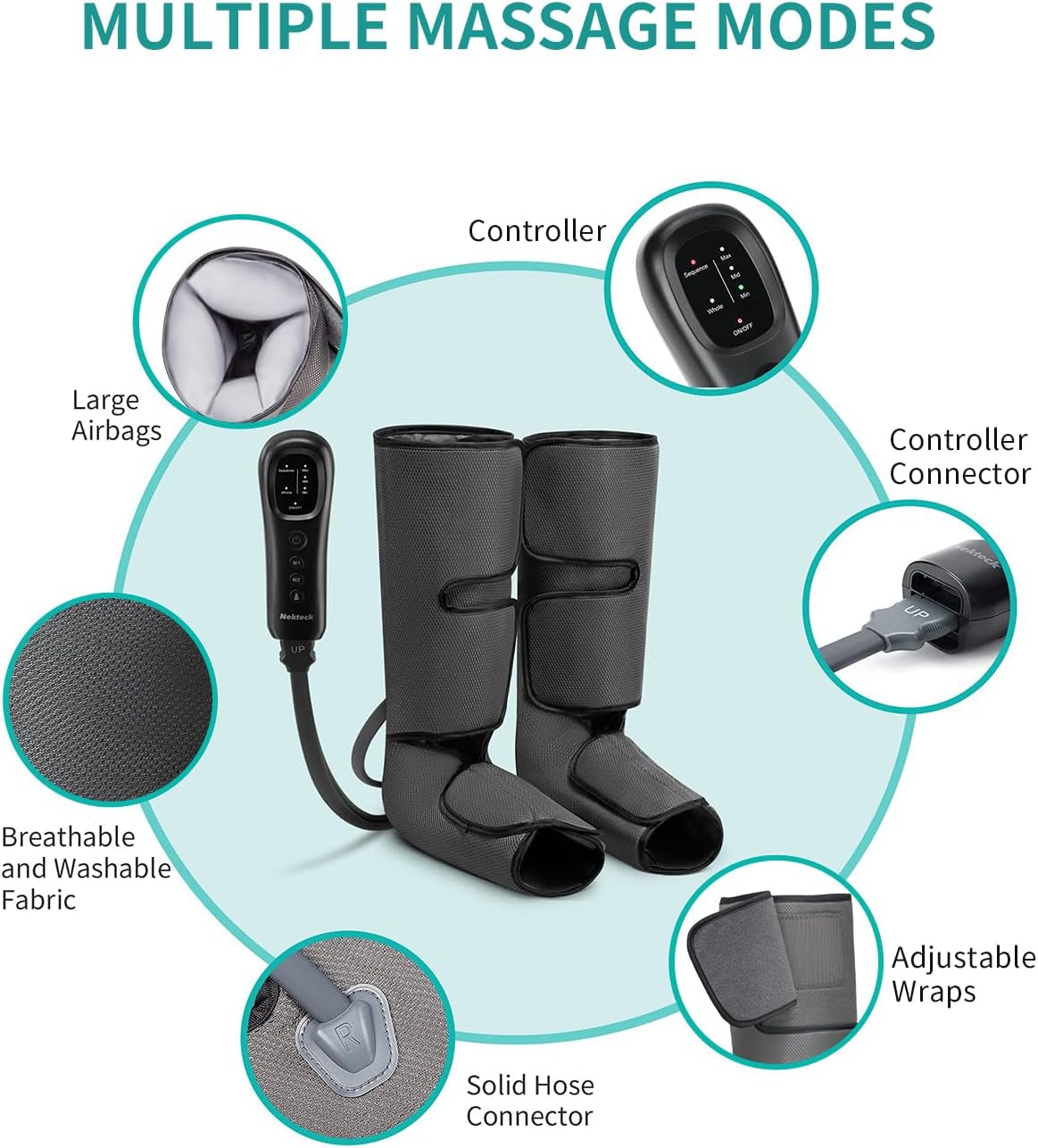 Nekteck Leg Compression Massager for Circulation and Relaxation | FSA Eligible HSA Foot and Calf Massage, 2 Modes, 3 Intensities, 20 Mins Auto-Off, Hand-held Controller, Adjustable Leg Wraps