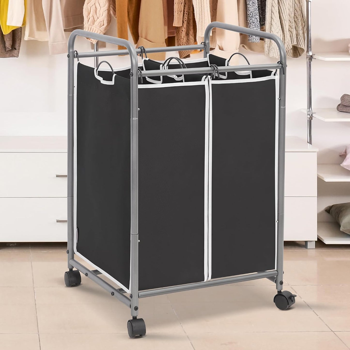 STORAGE MANIAC 3 Section Laundry Sorter, 35.6 Gal (135 L) Laundry Hamper Cart with Heavy Duty Rolling Lockable Wheels and Removable Bags, Clothes Organizer Basket Separator Hamper, Gray