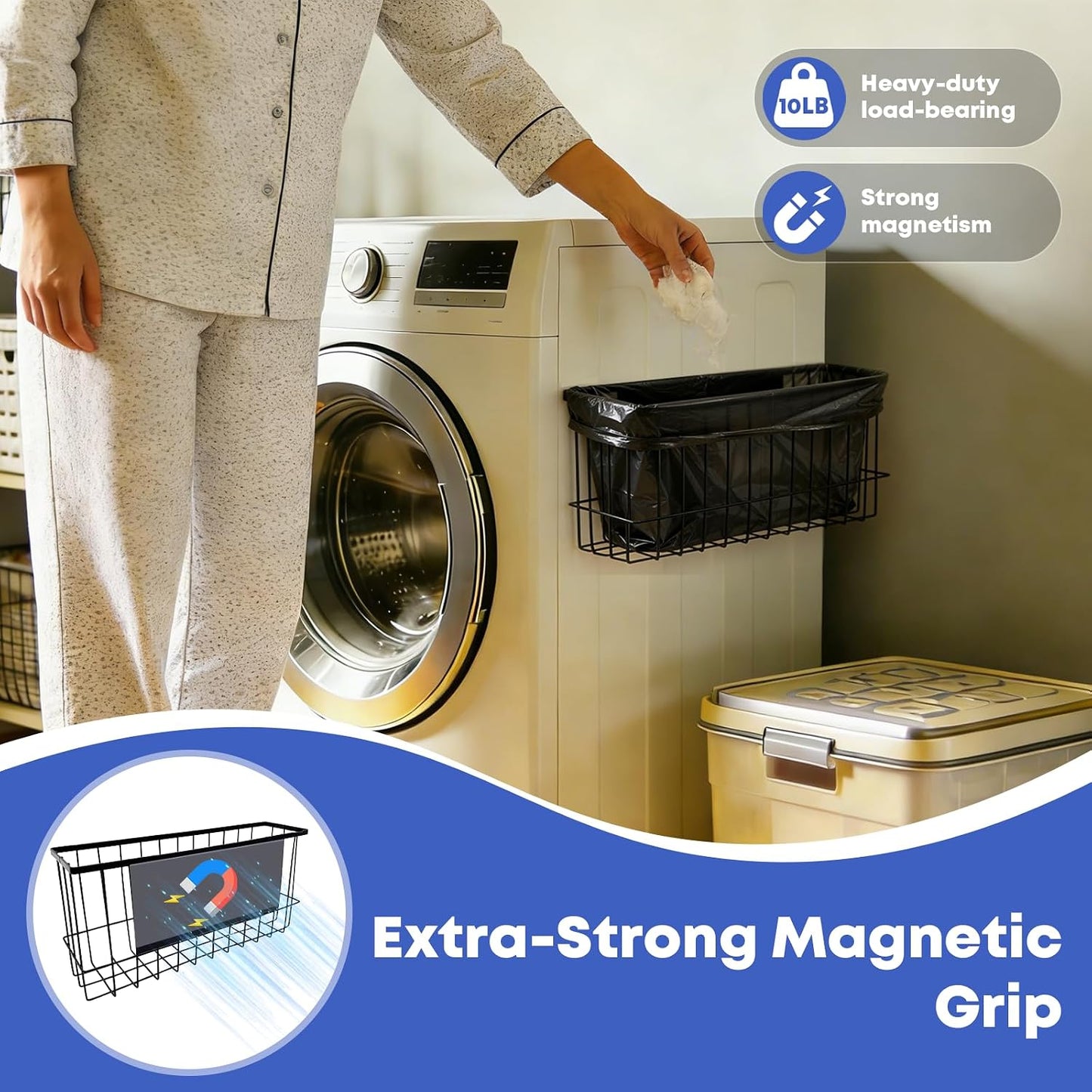 Magnetic Holder for Wool Dryer Balls & Lint Bin (2-Pack, Black) – Extra Long 14.2" & 10.4" Metal Laundry Trash Can – Washer Side Organizer with 4 Magnetic Hooks (Balls Not Included)
