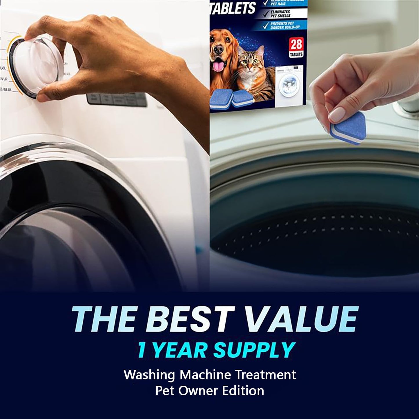 Washing Machine Cleaner Pro Tablets for Pet Owners, 28 Pack, Front/Top Load | Remove Stubborn Pet Hair, Washer Deep Cleaning, Septic Tank Safe, HE Support, Eliminates Pet Smells, Prevents Dander Build-up