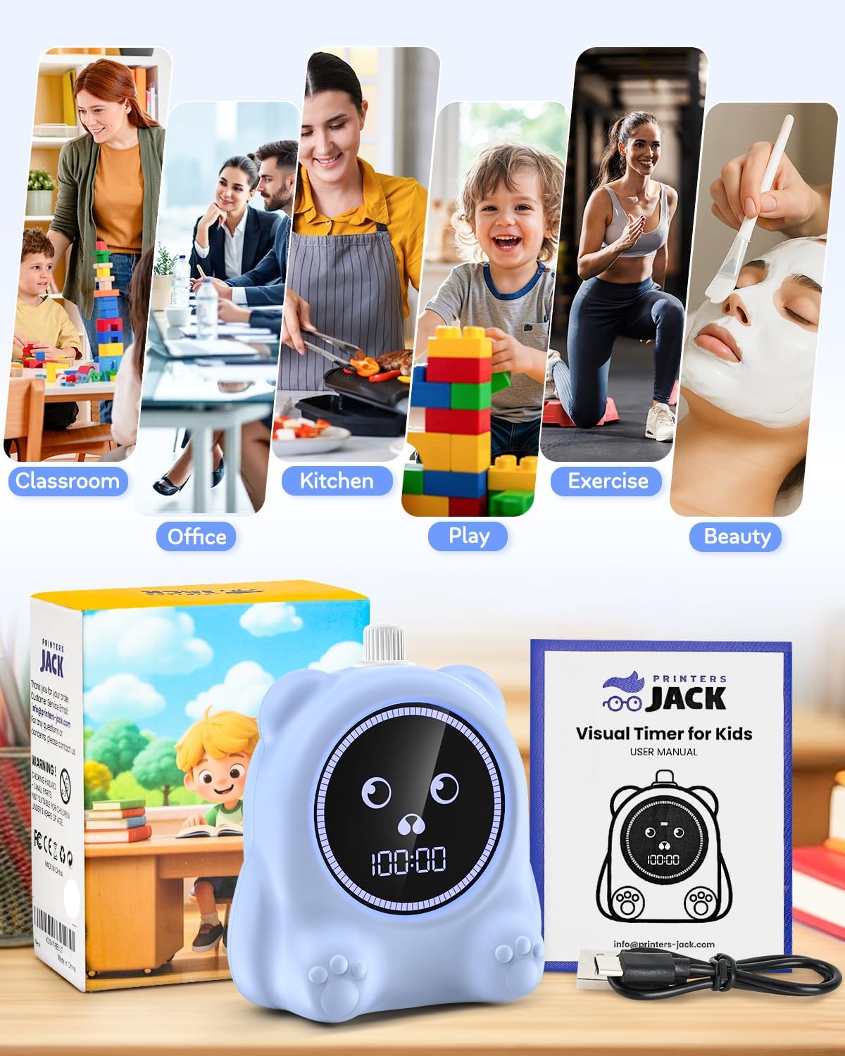 Visual Timer for Kids, 100 Min, Rechargeable Countdown Timers, Adjustable Sound Alert, Adjustable Brightness, Productivity Timers for ADHD, Silent Operation, Desk Time Management Tool for Toddler
