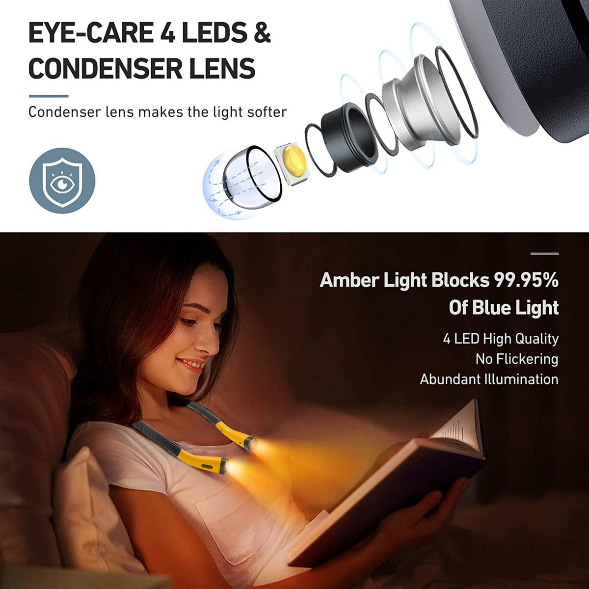 Neck Reading Light Rechargeable, 6 Brightness Levels 3 Colors Amber Book Light for Reading in Bed, 80H Working, Hands-Free for Reading, Crocheting, Repairing and Camping, Yellow