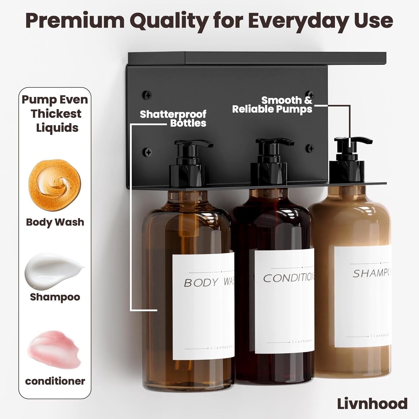 Shampoo and Conditioner Dispenser, Soap Dispenser Wall Mounted, 25.36 fl oz Set of 3 Amber Plastic Bottles Black Pump, Shower Soap Bottles Refillable with Labels for Bathroom