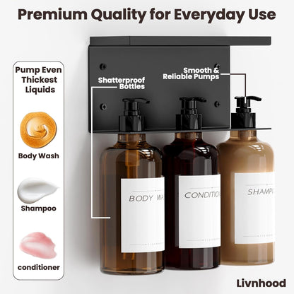 Shampoo and Conditioner Dispenser, Soap Dispenser Wall Mounted, 25.36 fl oz Set of 3 Amber Plastic Bottles Black Pump, Shower Soap Bottles Refillable with Labels for Bathroom