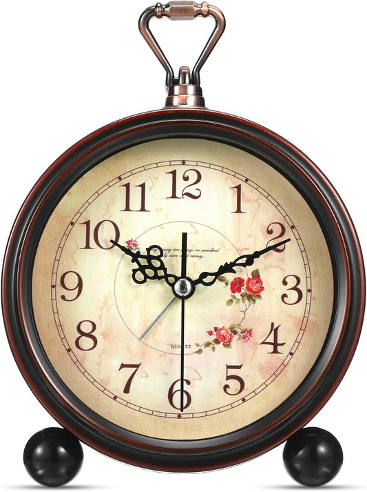 Veemoon Vintage Desk Alarm Clock - 8# Antique Silent Table Clock Decorative Quiet Non-Ticking Alarm - Retro European Style- for Kids, Office, Desk Bedside Shelf Decor, No Battery