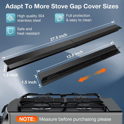 2PCS Kitchen Stove Counter Gap Covers Stainless Steel (13.8"-27.5" Black) | Cooktop Trim Kit, Stove Gap Guards, Oven Gap Filler, Easy to Clean, Heat Resistant & Effectively Protect Stove Gap Filler