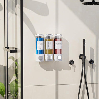 Shampoo and Conditioner Dispenser for Shower Wall Mount 3 Chamber, Black | Shower Soap Dispenser for Wall, 10.2 OZ Plastic Refillable Body Wash Bottles for Bathroom, No Drill Wall Mounted