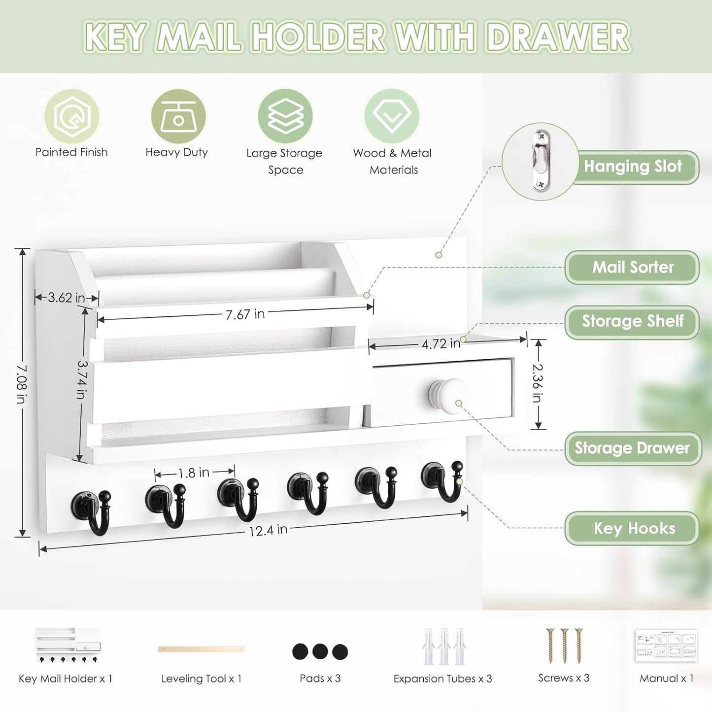 VIS'V Key Holder Wall Mount, Wooden Mail and Key Organizer, White | Contains Little Drawer, Small Shelf, 2 Slots, 6 Hooks, for Entryway, Hallway, Doorway, Kitchen, Garage, RV