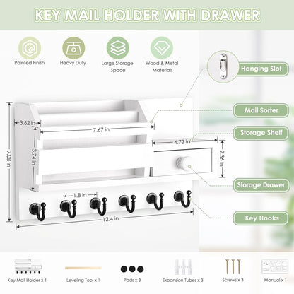VIS'V Key Holder Wall Mount, Wooden Mail and Key Organizer, White | Contains Little Drawer, Small Shelf, 2 Slots, 6 Hooks, for Entryway, Hallway, Doorway, Kitchen, Garage, RV