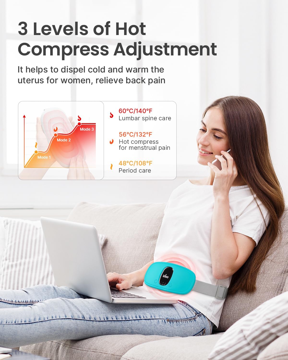 iDOO Portable Heating Pad for Period Cramps, FSA Eligible Item, Gifts for Women Girlfriend Mom Wife, Back Belly Heat Pad for Menstrual Pain Relief, with 3 Heat Levels 3 Massage | Back & Belly Wrap for Menstrual Cramps, 3 Heat Levels 3 Massage, FSA
