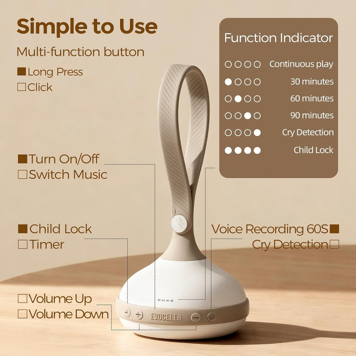 White Noise Machine for Baby, 9 Sounds Beige, Cry Detection Portable Travel