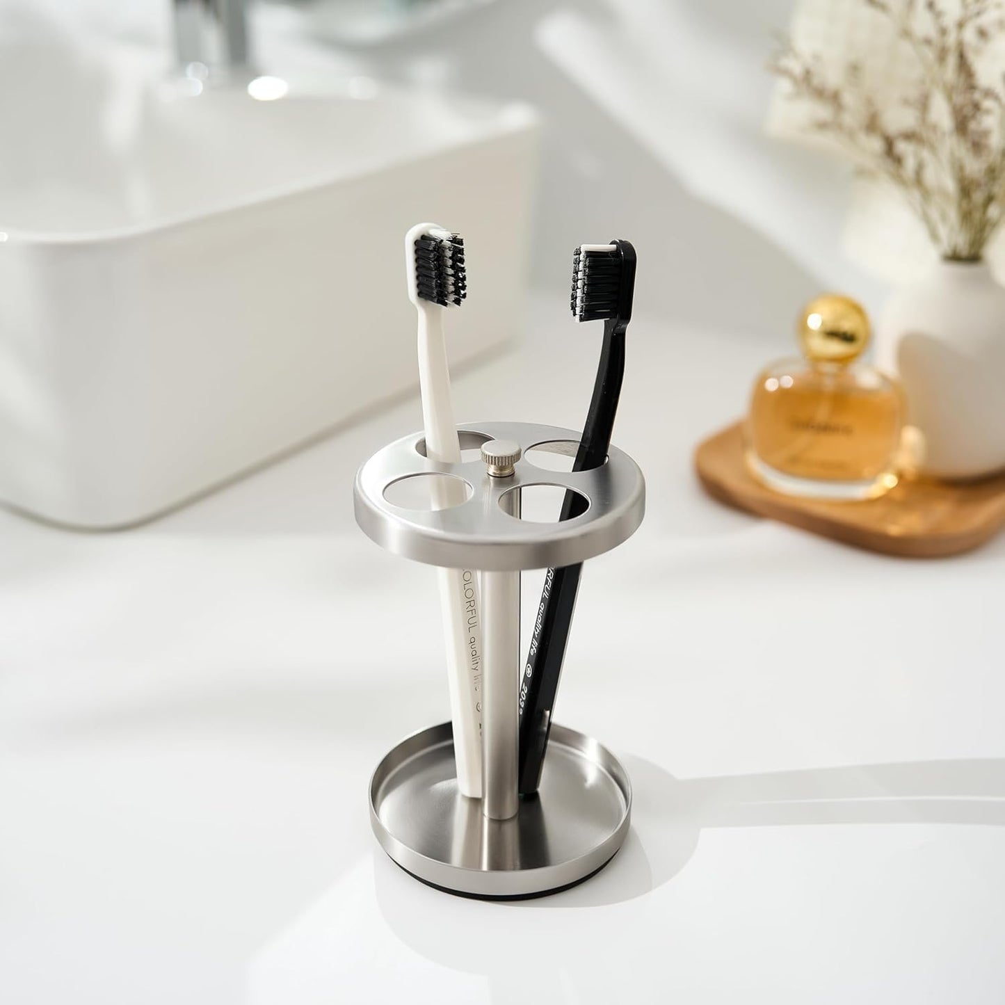 Black Stainless Toothbrush Holder Stand: Rustproof Bathroom Countertop Organizer, 4 Ventilated Slots Hold Manual Toothbrushes, Razor