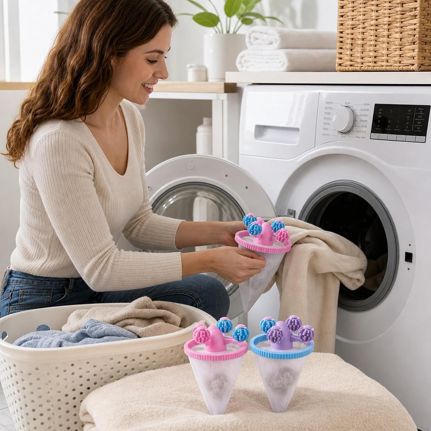 3PCS Washing Machine Hair Filter Mesh Bags, Reusable Laundry Lint Catcher, Effective Pet Hair Removal for Washing Machines, Blue Pink Purple
