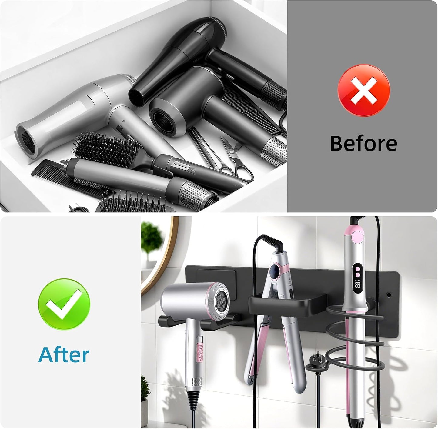 Hair Dryer Holder Hair Tool Organizer Metal Wall Mount (Gold) | Heat Resistant Hair Tool Organizer, Metal Wall Mount Storage, Bathroom Counter Space Saver, Blow Dryer Holder