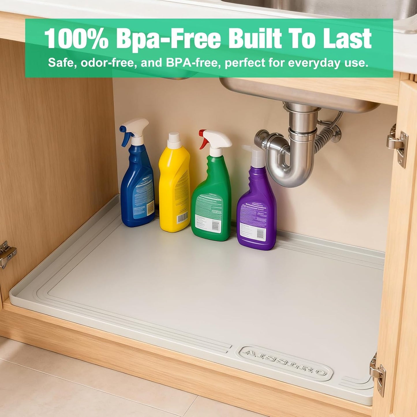 Under Sink Mat 22" X 19", Waterproof Silicone Cabinet Kitchen Liner, Gray | BPA-Free Raised-Edge Cabinet Protector & Leak Tray for Bathroom Cabinets, Boots, Pet Feeding Dog & Cat Mats, Dishwasher Safe