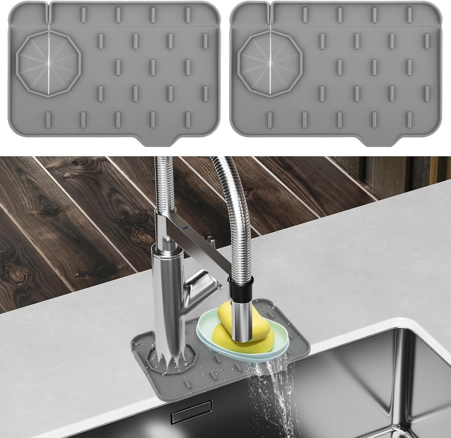 2Pcs Silicone Sink Faucet Splash Guard Mat, Soap Dish Pad Faucet Handle Drip Catch Sponge Holder Sink Protector Tray with Outlet & Slope for Bathroom Kitchen Countertop RV Gadget 8.3 x 5.3 Inch
