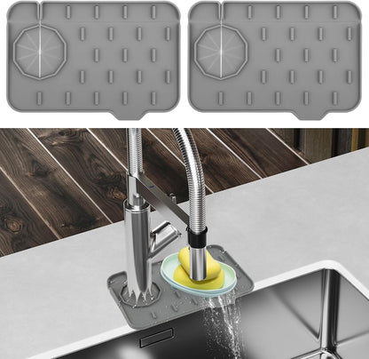2Pcs Silicone Sink Faucet Splash Guard Mat, Soap Dish Pad Faucet Handle Drip Catch Sponge Holder Sink Protector Tray with Outlet & Slope for Bathroom Kitchen Countertop RV Gadget 8.3 x 5.3 Inch