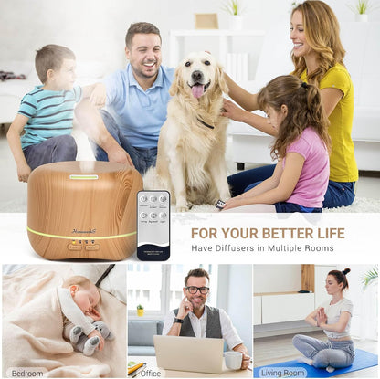 Homeweeks 300ml Essential Oil Diffuser, Quiet Aromatherapy Mist Diffusers for Essential Oils, Wood Grain, Ultrasonic, Remote Control, Timer, 7 Colors Light for Bedroom (300ml)
