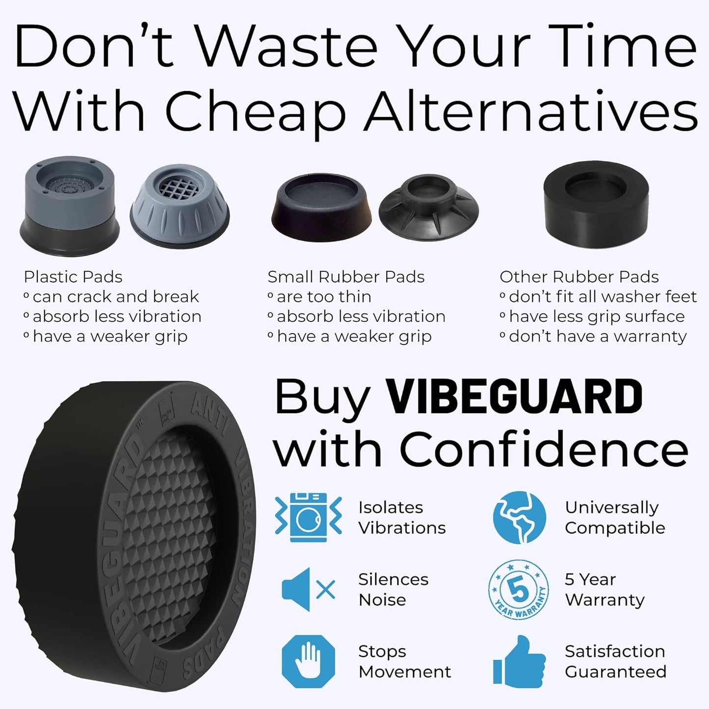 Anti Vibration Pads for Washing Machine, Fit Feet to 2.25in 4 Pack + Level | Stops washer, dryer walking, moving; TrianGrip; rubber shock absorber, stabilizer; spin cycle noise reducer