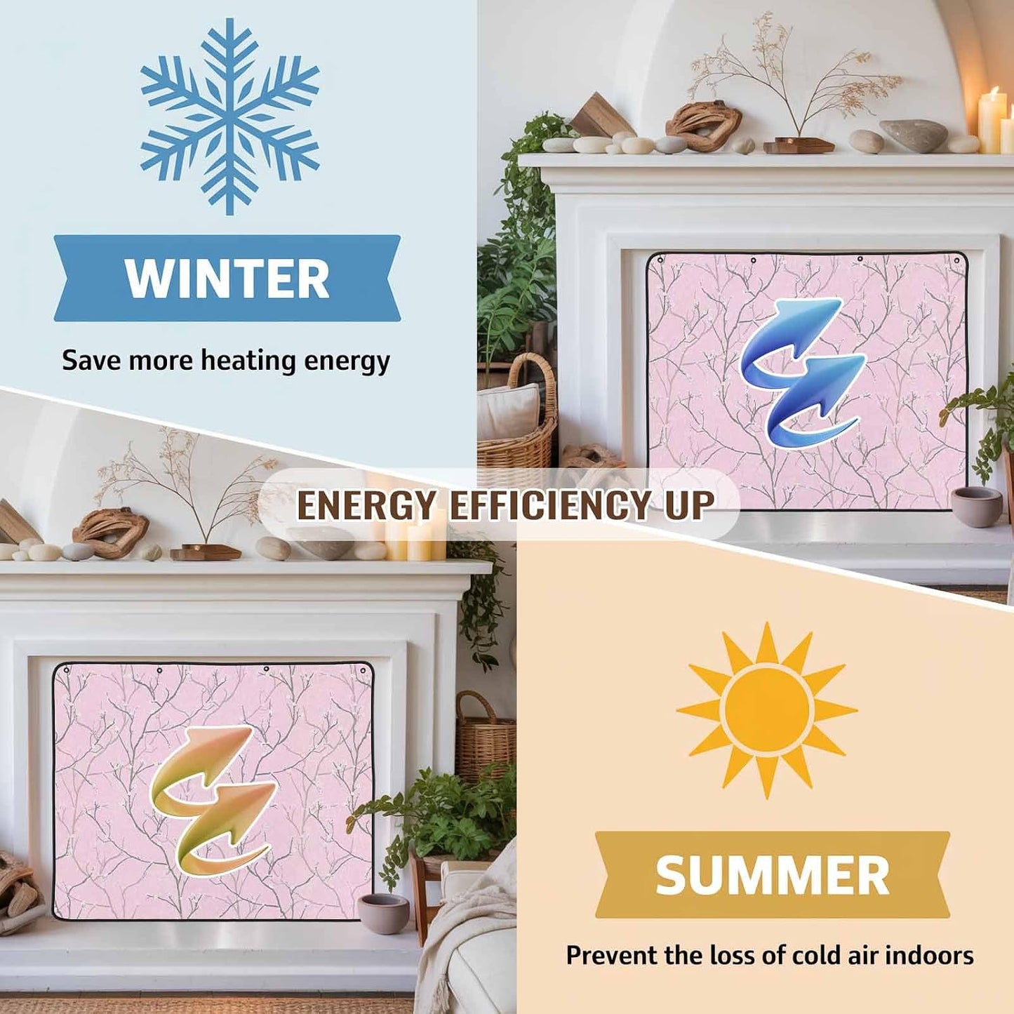 Magnetic Fireplace Cover White Vines Fireplace Screen Decorative Flowers Leaves Tree Branches Insulation Fireplace Blocker Blanket Save Energy Fireplace Draft Stopper Covers for Living Room 39x32 Inch