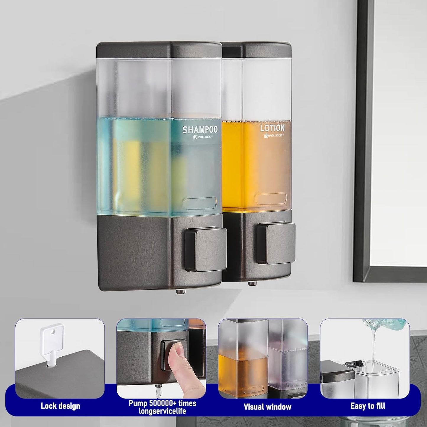 Pollock Shampoo and Conditioner Dispenser,Black 3 Chamber * 500ML | Shower Soap Dispenser Wall Mounted, Body Wash Dispenser No Drill,Refillable Shower Dispenser for Bathroom,Hotel,Public Place