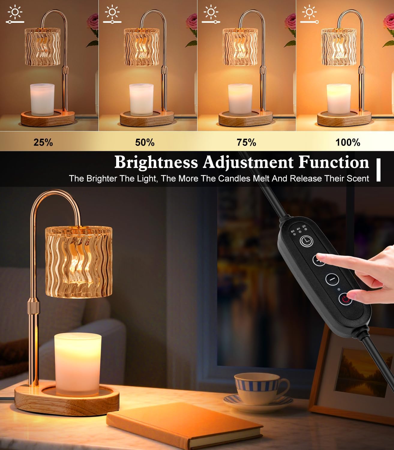 Candle Warmer Lamp Electric Timer: Dimmable Candles Warming Lamps - Height Adjustable Burner Jar - No Flame Scented Melts Wax - All Candle Jars Home Decor Table Light