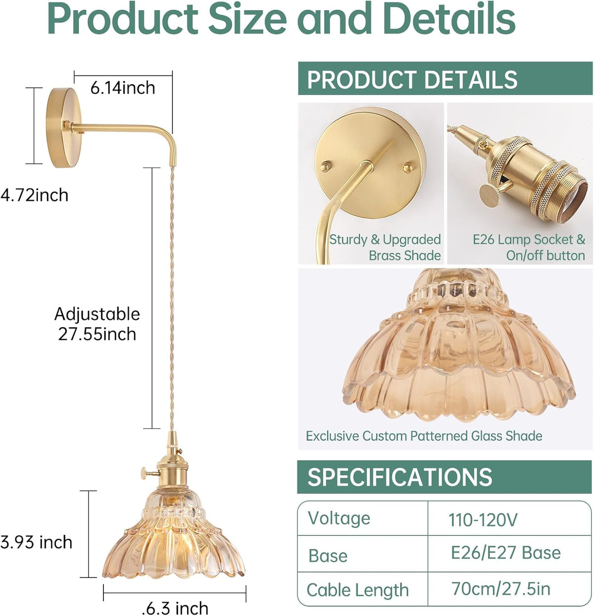 Shenmoyl Battery Operated Wall Sconce Wall Lamp with Green Lily of the Valley Shade Pattern Glass Adjustable Chain Retro Gold Wall Mounted Light, Modern Wall Lamp Fixtures Decor for Bedside Bedroom