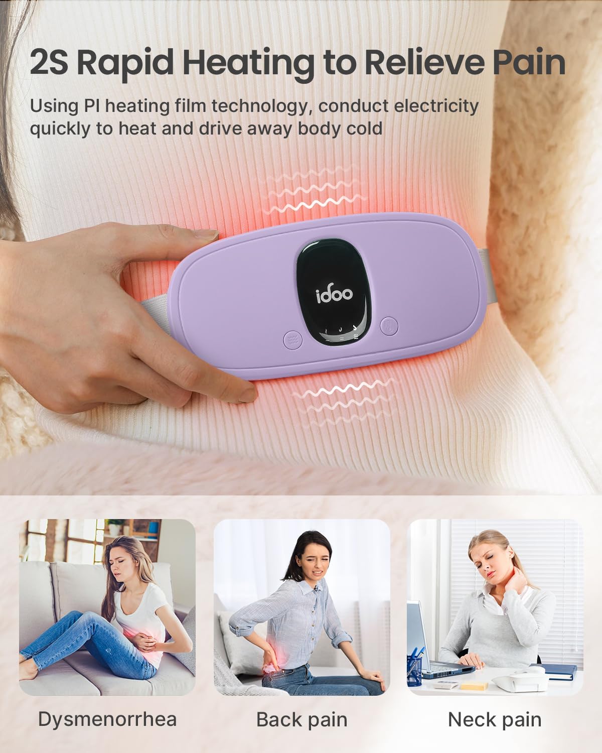 iDOO Portable Heating Pad for Period Cramps, FSA Eligible Item, Gifts for Women Girlfriend Mom Wife, Back Belly Heat Pad for Menstrual Pain Relief, with 3 Heat Levels 3 Massage | Back & Belly Wrap for Menstrual Cramps, 3 Heat Levels 3 Massage, FSA