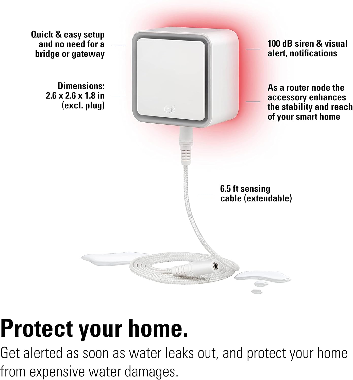Eve Water Guard - Smart Home Water Leak Detector, 6.5 ft Sensing Cable, 100 dB Siren, (Apple HomeKit), App Notifications, Bluetooth, Thread
