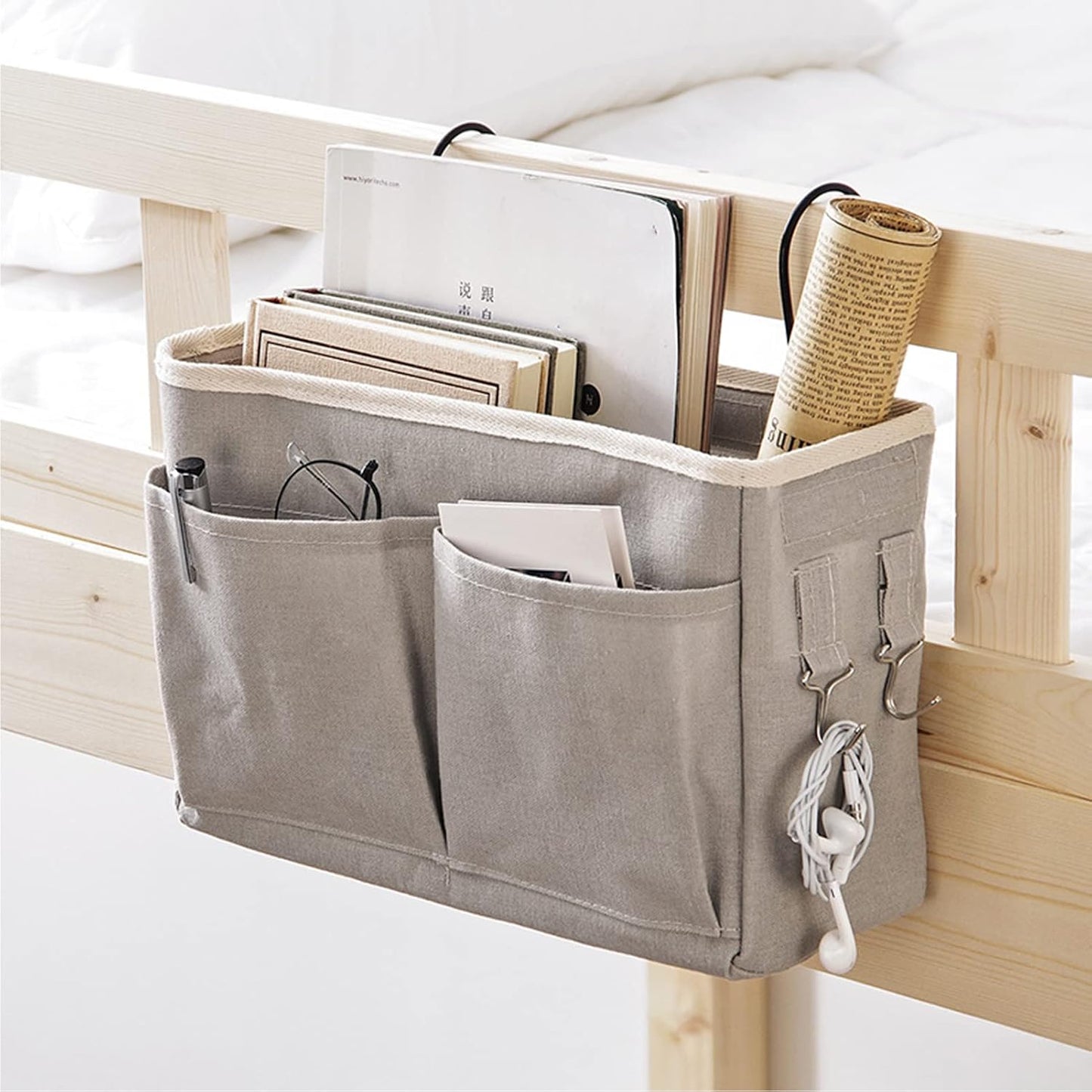 Bedside Caddy Hanging Bed Organizer Storage Bag Pocket for Dorm Rooms Bed Rails Nightstand Hanging Bag Cotton Linen Bedside Storage Pocket Organizer Basket for Bunk Bed Dorm Rooms(Grey)