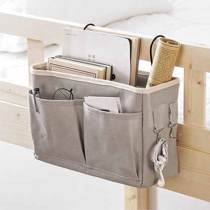Bedside Caddy Hanging Bed Organizer Storage Bag Pocket for Dorm Rooms Bed Rails Nightstand Hanging Bag Cotton Linen Bedside Storage Pocket Organizer Basket for Bunk Bed Dorm Rooms(Grey)