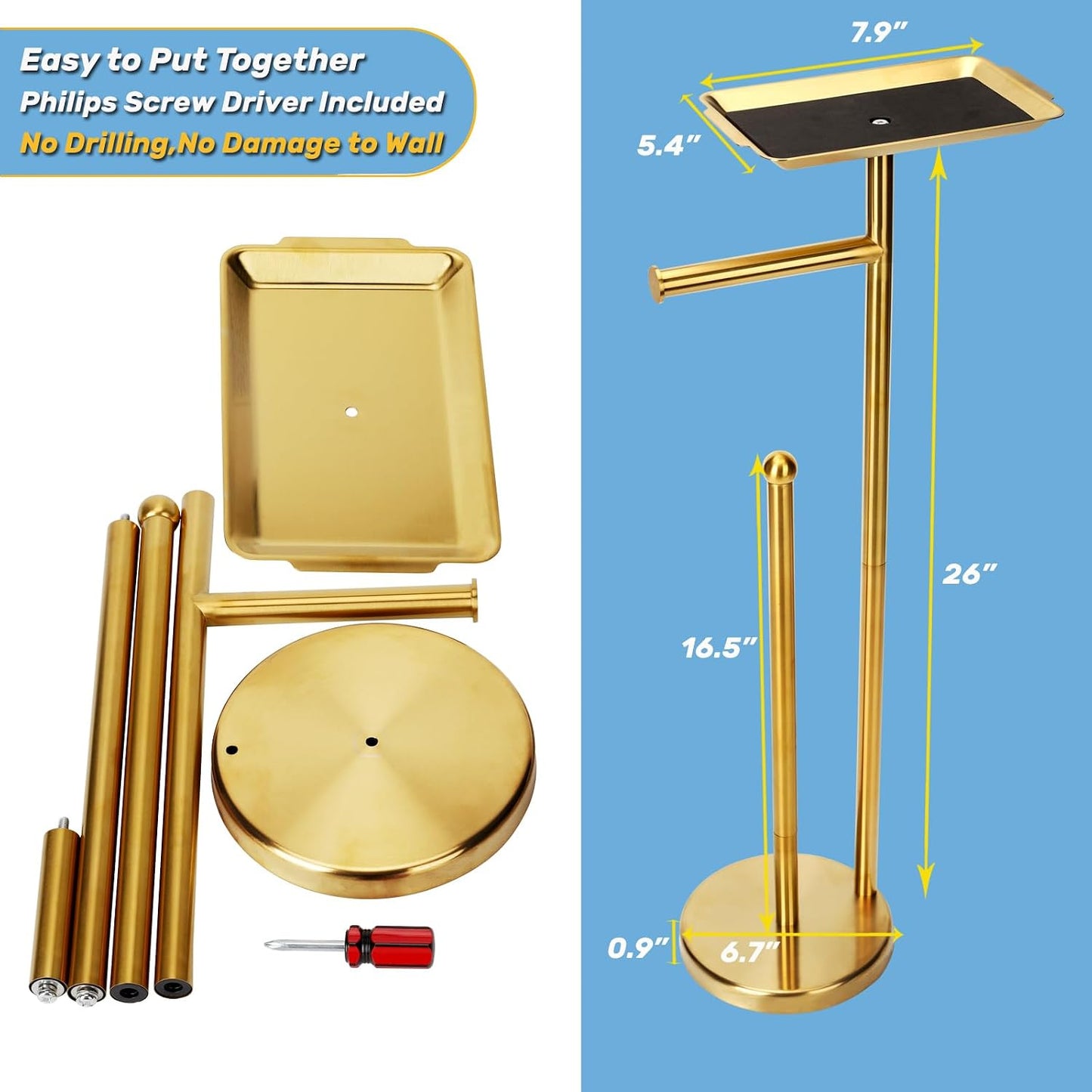 Exilon Toilet Paper Holder Stand for Bathroom Floor Freestanding Toilet Roll Dispenser Storages 4 Reserve Rolls, with Top Storage Shelf for Cell Phone (Brushed Nickel)