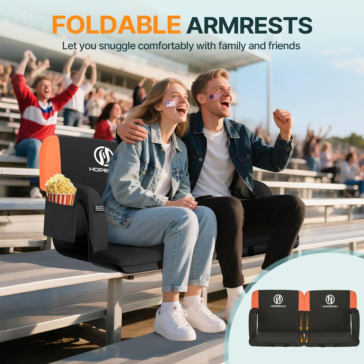 HOPERANHeated Stadium Seats Orange | Independent Seat & Back 3 Level Heat (NO Battery), Soft Cushion, 6 Recliner, Anti-Slip, Side Pockets, Backpack Straps