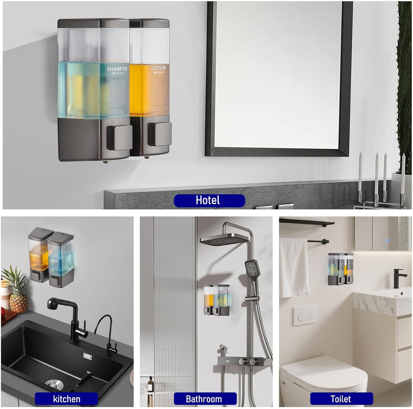 Pollock Shampoo and Conditioner Dispenser,Black 3 Chamber * 500ML | Shower Soap Dispenser Wall Mounted, Body Wash Dispenser No Drill,Refillable Shower Dispenser for Bathroom,Hotel,Public Place