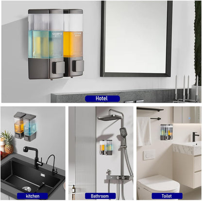Pollock Shampoo and Conditioner Dispenser,Black 3 Chamber * 500ML | Shower Soap Dispenser Wall Mounted, Body Wash Dispenser No Drill,Refillable Shower Dispenser for Bathroom,Hotel,Public Place