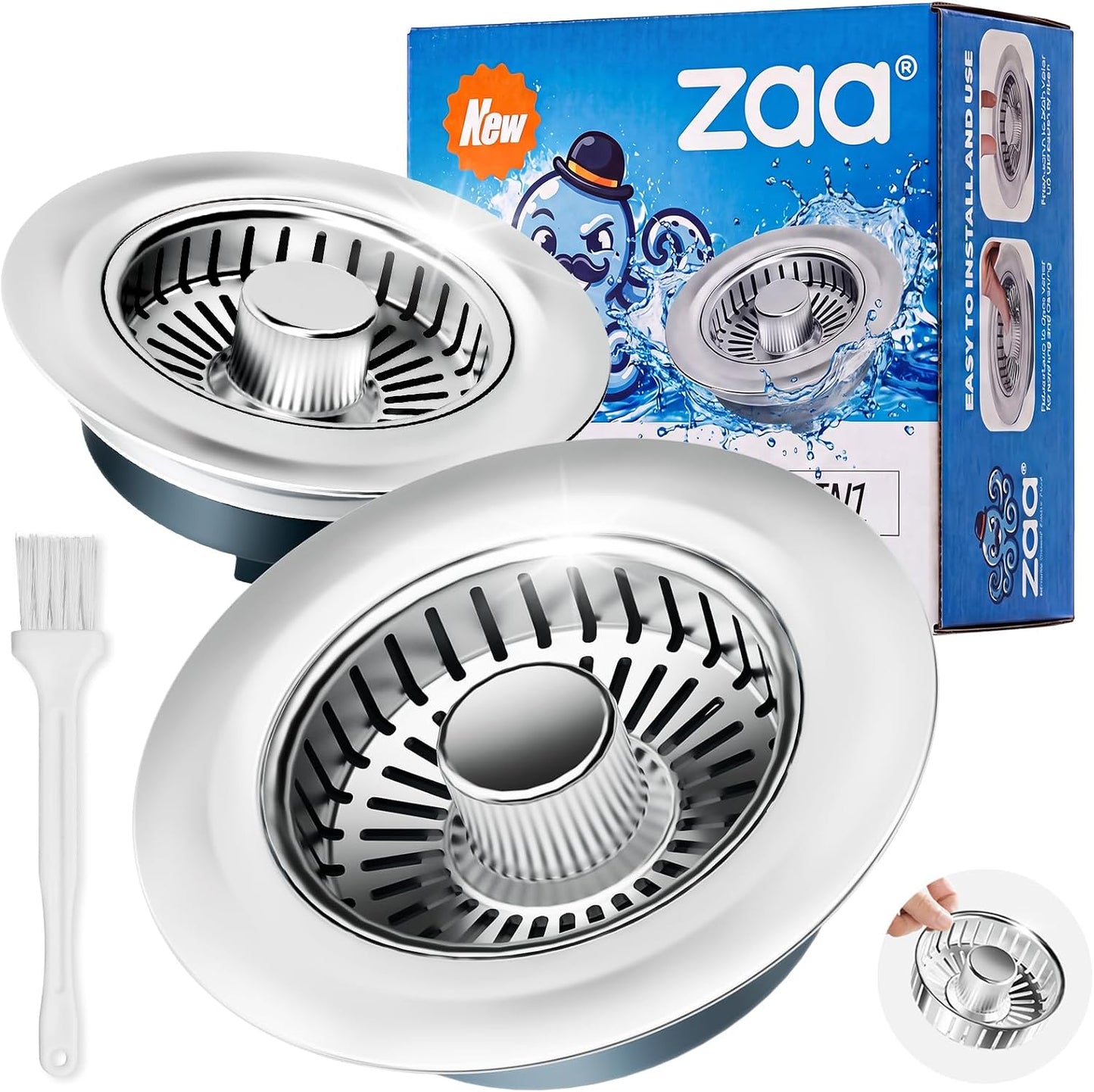 3 in 1 Kitchen Sink Drain Strainer Stopper Removable Basket Pop-Up | Kitchen Sink Food Strainer 1 Pack Silver Stainless - Food Catcher, Odor-Block Seal, Fits 3.5" Drain, Easy Clean