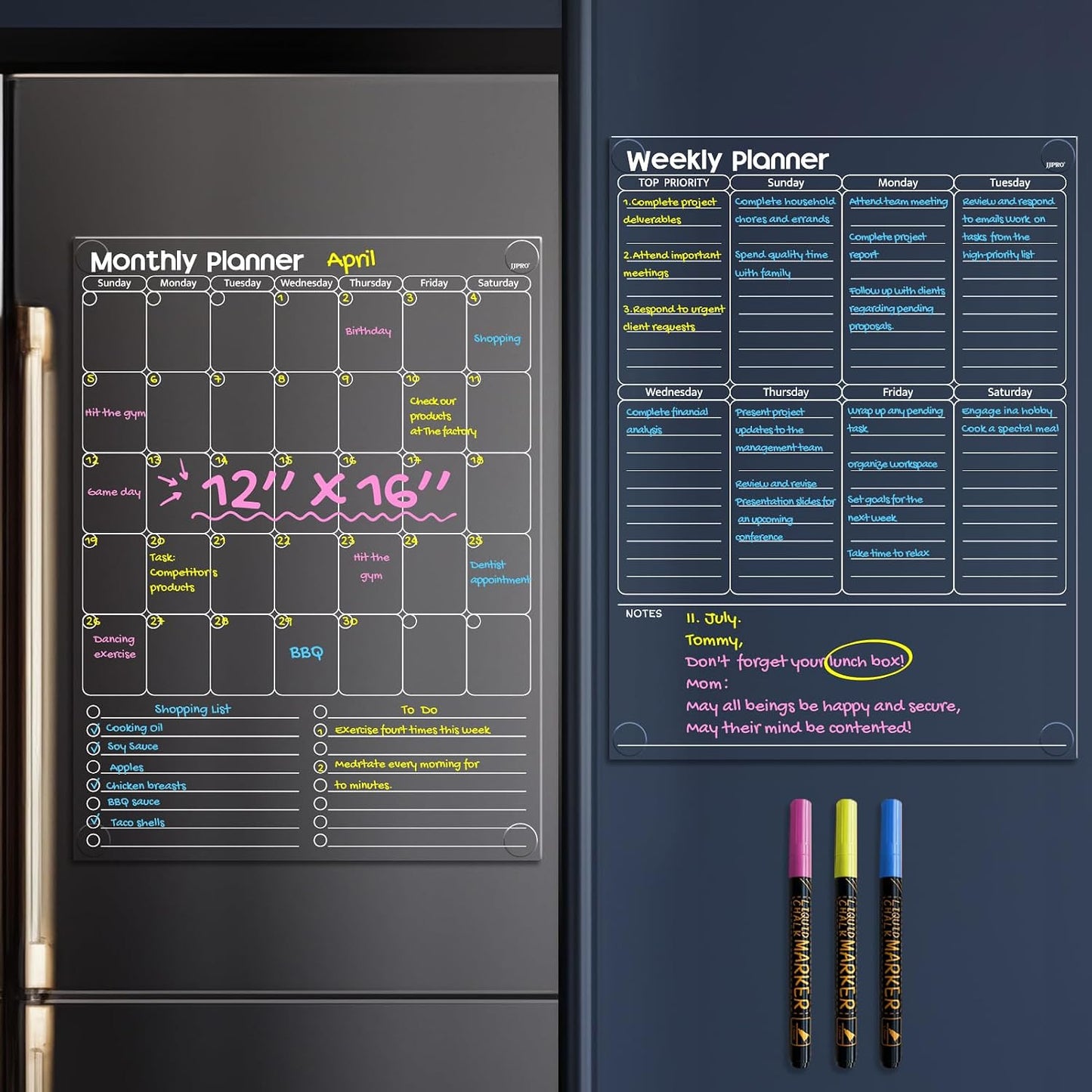 JJPRO Non-Magnetic Dry Erase Monthly Calendar, Clear Weekly Meal Board for Fridge -Starts Sunday,12"x16" Reusable Weekly Planner Stick to Fridge,Wall, All Smooth Surfaces