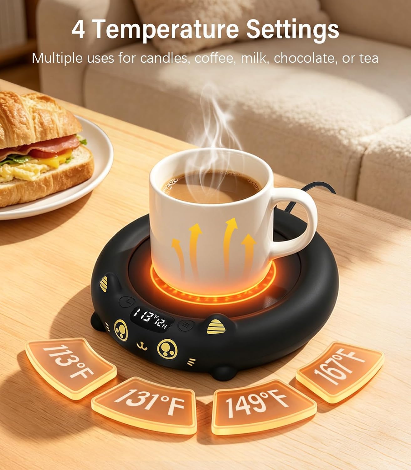 Supsonic Coffee Mug Warmer, Cup Warmer for Desk with 4 Temp Settings | Fast heating beverage, 2-12h Auto shut-off, Constant temperature, Smart gift for women men, Works with tea, milk, candle