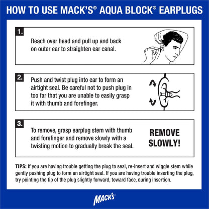 Mack's AquaBlock Swimming Earplugs, 3 Pair | Waterproof, Reusable Silicone Ear Plugs for Swimming | Swim Ear Plugs for Snorkeling, Showering, Surfing, Bathing (Clear)