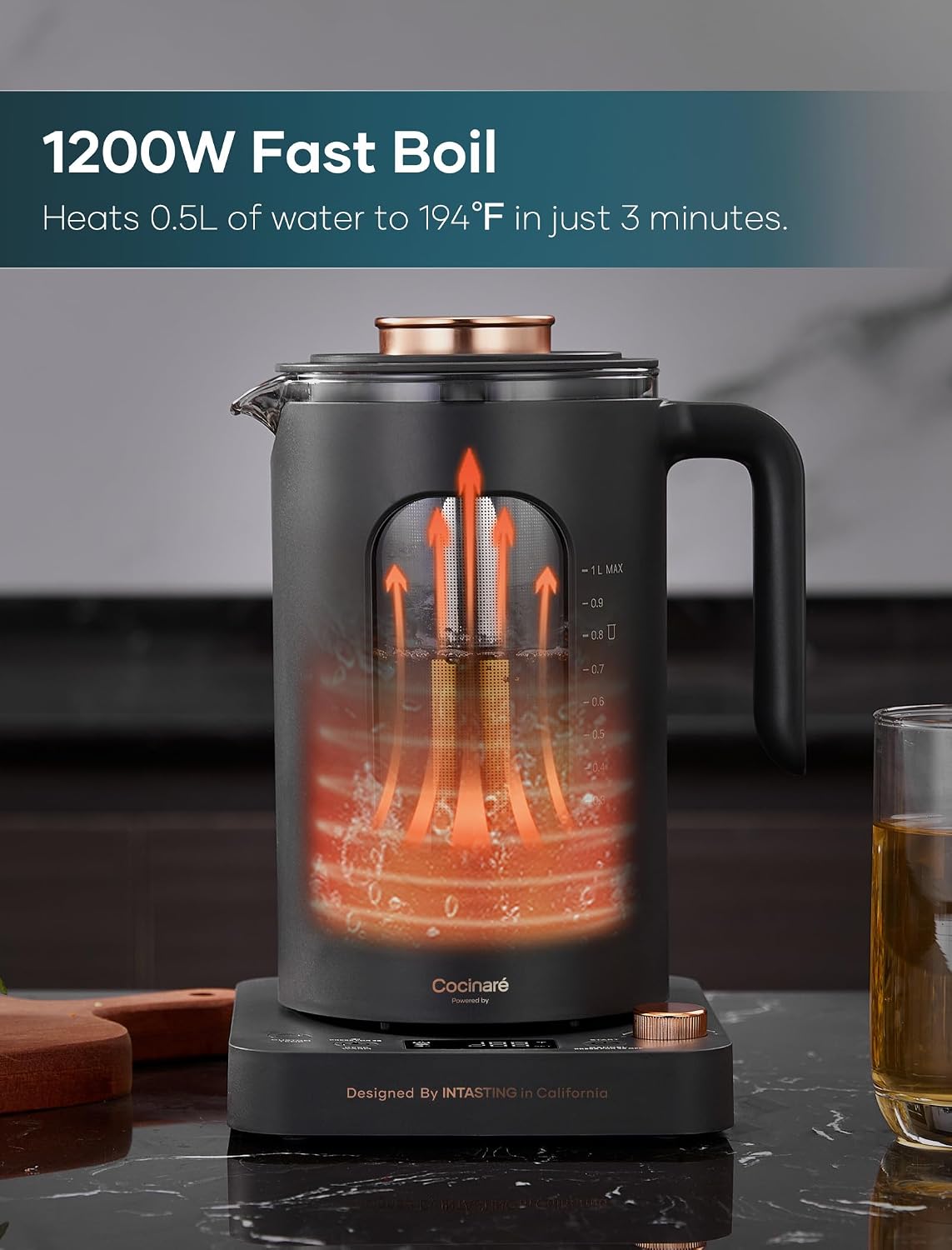 INTASTING Electric Kettle, Electric Tea Kettle with Infuser, 1 Liter | ±1℉ Temperature Control, 1200W Fast Heating, BPA-Free Glass, Easy to Clean, Keep-warm, Auto shut-off, Dark Gray