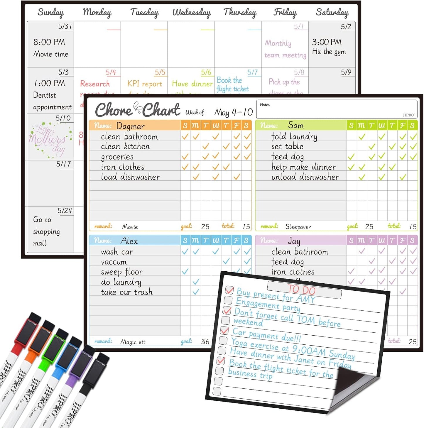 JJPRO Magnetic Dry Erase Chore Chart Set for Fridge-Used for Multiple Kids-One Chore Chart and Two Bonus Dry Erase Pad/Grocery Boards-Behavior Chart for Multiple Kids