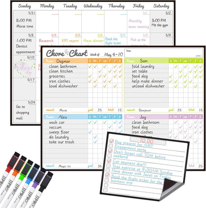 JJPRO Magnetic Dry Erase Chore Chart Set for Fridge-Used for Multiple Kids-One Chore Chart and Two Bonus Dry Erase Pad/Grocery Boards-Behavior Chart for Multiple Kids